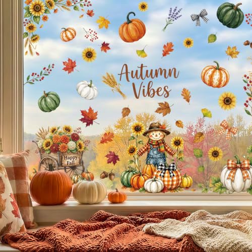 Autumn Window Clings Decor - 9 Sheets Pumpkin & Leaf Stickers
