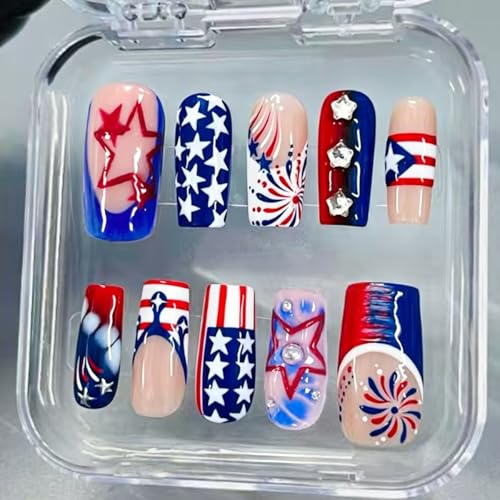 4th of July Press on Nails Medium Square Red White Blue Rhinestone Fake Nails
