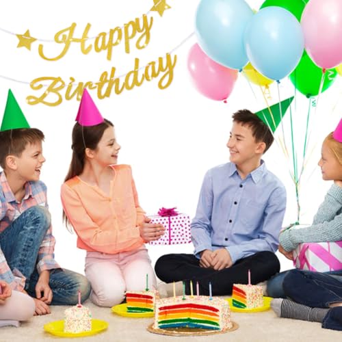 Golden Glitter Happy Birthday Banner with Star Decor and Hanging Ribbon