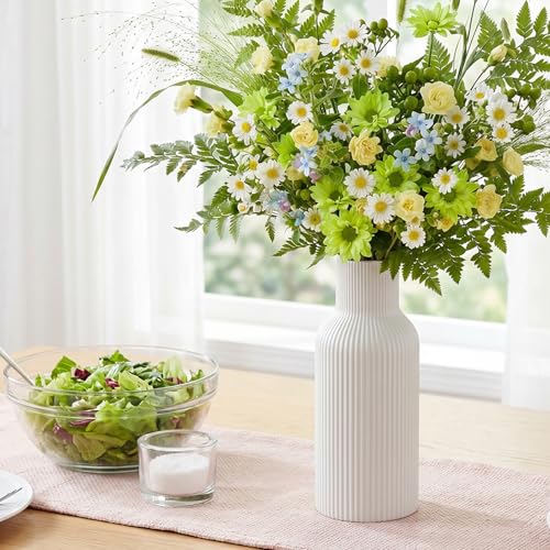 Modern Matte White Ceramic Ribbed Vase for Fresh & Dried Flowers