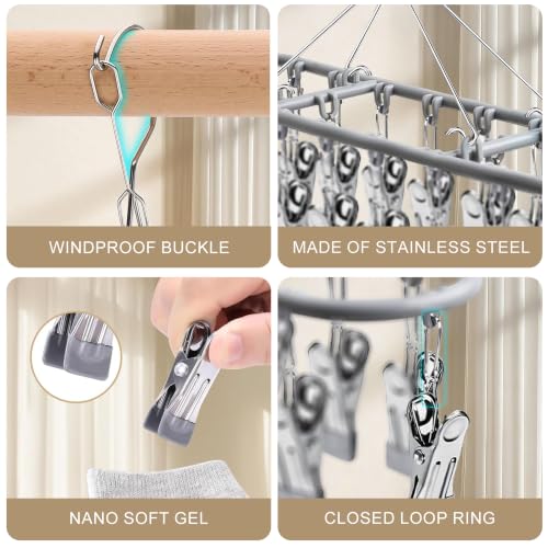 Dark Gray Sock Hanger with 20 Clips - Stainless Steel Drying Rack for Underwear & Baby Clothes