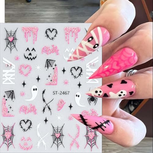 ONPRESS 6-Sheet Pink Halloween Nail Stickers 3D Self-Adhesive Spider Web Pumpkins Decals