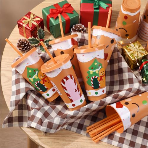 24 oz Christmas Cups with Lids & Straws - Gingerbread Style, 24 Pieces