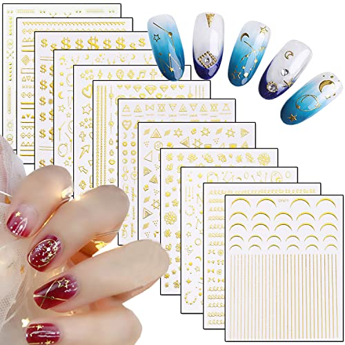 12 Sheets Gold Nail Art Stickers Set 3D Self-Adhesive Metallic Decals