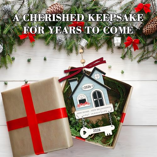 2Pcs Wooden House Warming Gifts First Home Ornament with Key Design - Brown & Blue
