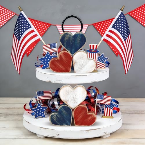 COCHIE Patriotic Wooden Heart Blocks - 6-Piece 4th of July Tiered Tray Decor