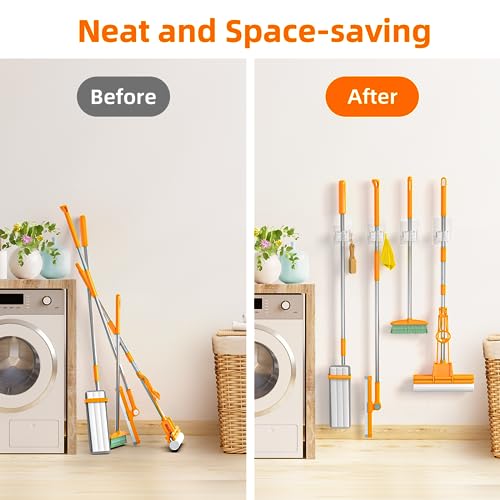 Batur Wall Mount Broom Holder with Hooks - 4 Pack Adhesive Organizer