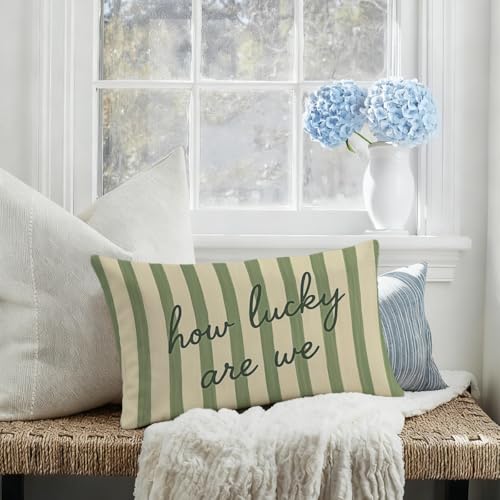 How Lucky Are We - Green Decorative Pillow Cover 12x20 | Inspirational Quote