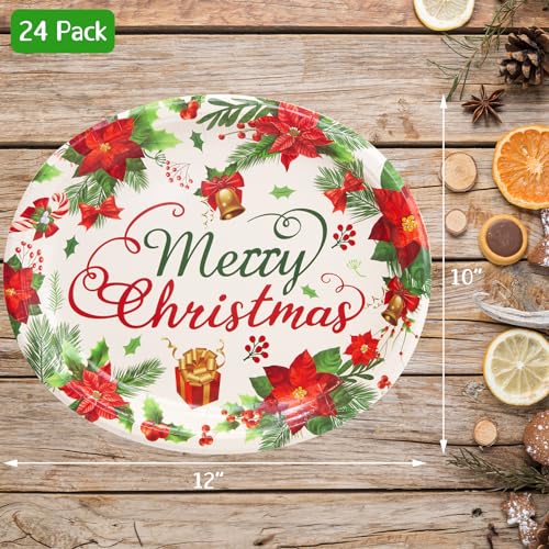 Christmas Paper Plates 24 Pack - Holiday Disposable Serving Plates with Poinsettia Design