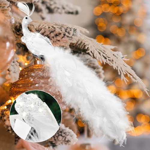 4 Pcs Peacock Christmas Tree Ornaments - Long Tail Feather Glitter Bird Decorations - Simple Style