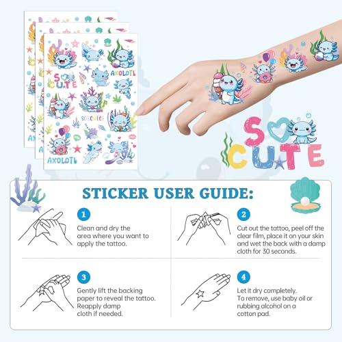 Blue Axolotl Temporary Tattoos - 8 Sheets Cute Salamander Party Favors