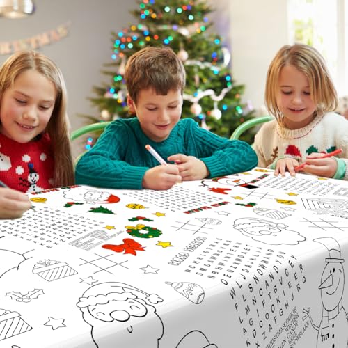 Christmas Coloring Tablecloth for Kids - Santa Snowman Maze Crafts 54x108 Inches - 1 Pack