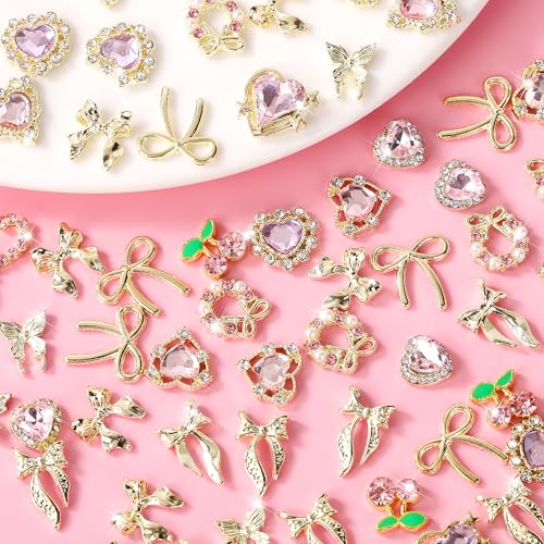 60 Pcs Heart Nail Charms Y2K Alloy Rhinestone & Bow Art Decorations