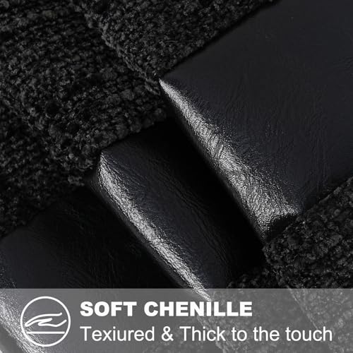 Black Chenille Throw Pillow Cover 18x18 with Faux Leather Accents