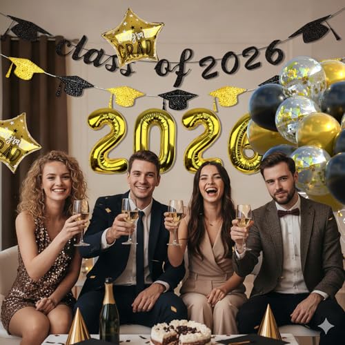 Class of 2026 Graduation Decorations Set - Black and Gold Theme