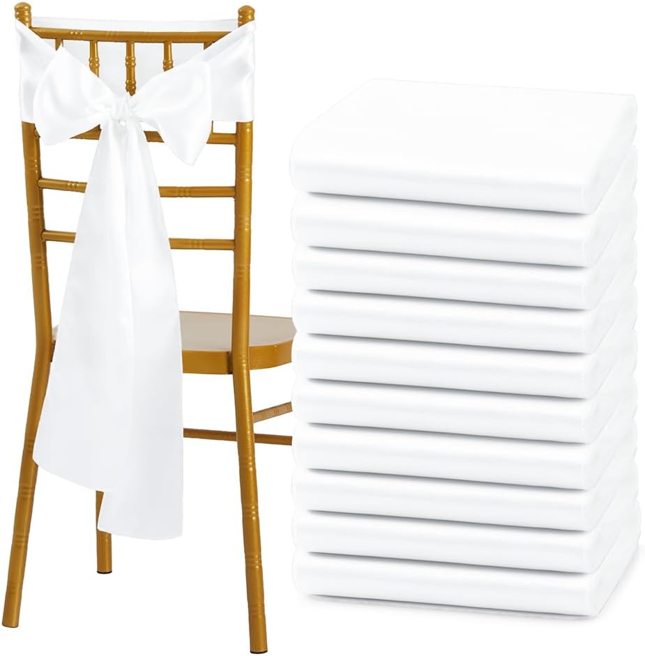 Regine Switzerland 10 Pcs White Satin Chair Sashes - Elegant Bows for Weddings & Events | 6 x 108 Inch