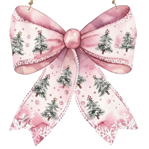 Vintage Christmas Wooden Door Sign with Pink Bow - 11.8" x 10.8"