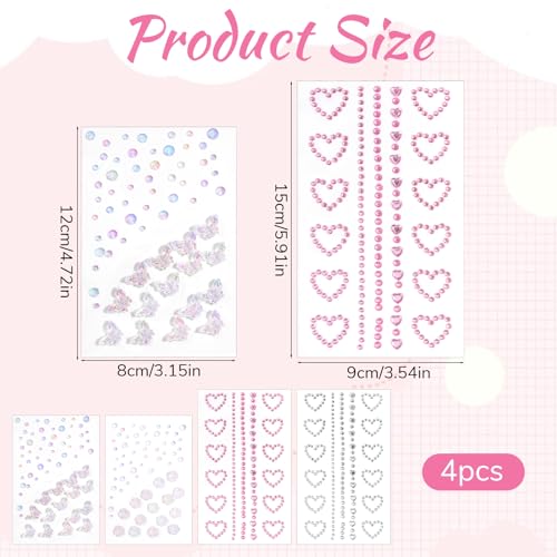 Face Rhinestones 4 Sheets Self-Adhesive Acrylic Gems for Makeup