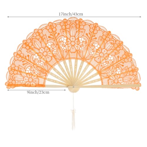 Choyaxo Cotton Lace Folding Hand Fan, Embroidered Floral Design (Orange)