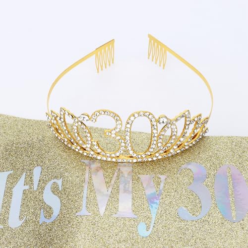 CURASA 30th Birthday Crown and Gold Sash Set for Women Party