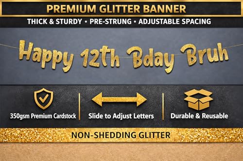 Pre-Strung Gold Glitter Happy 12th Birthday Banner - Party Decoration