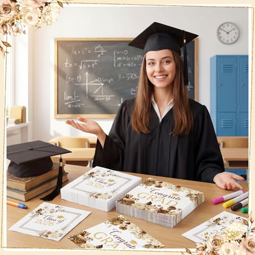 Graduation Napkins 80 Pcs - Floral Congrats Grad Party Napkins for Class of 2026