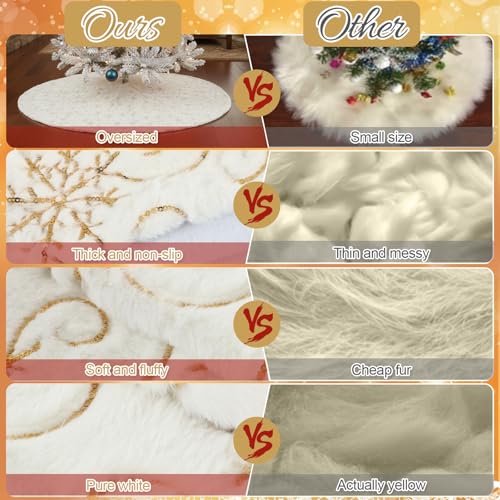 Faux Fur Christmas Tree Skirt 60 Inch White with Gold Snowflakes