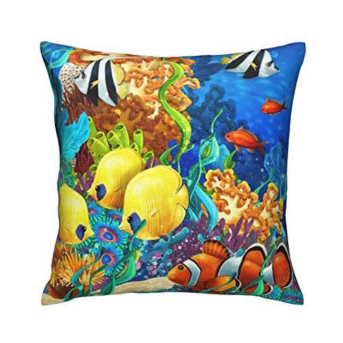 Watercolor Marine Life Throw Pillow Cover - 18x18 Inch Colorful Fish Design
