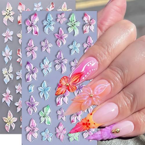 Quezadyl 3Pcs 5D Embossed Flower Nail Stickers Tropical Floral Decals