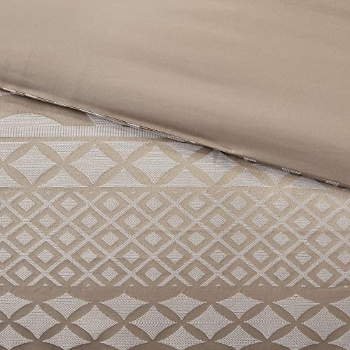 Madison Park Carina Cozy Comforter Set Luxe Jacquard Medallion Design with Embroidery and Pleated Details, All Season Bedding with Matching Shams, Decorative Pillow, Queen, Taupe 7 Piece