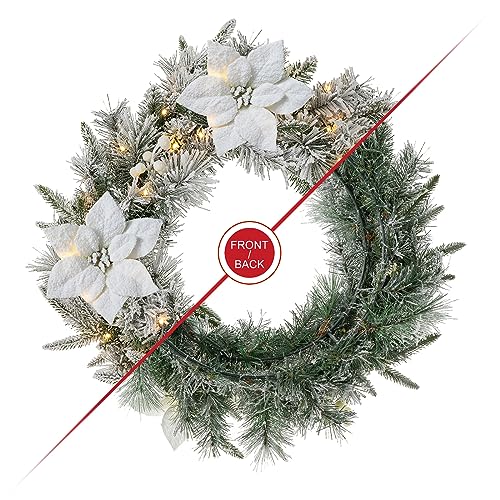 Poinsettia 24-Inch Christmas Wreath with Lights and Timer - Snow Flocked Greenery