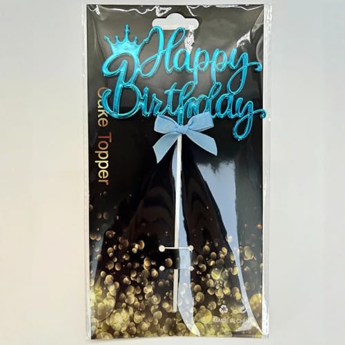 Blue Acrylic Happy Birthday Cake Topper with Crown and Bow 3x5 Inch