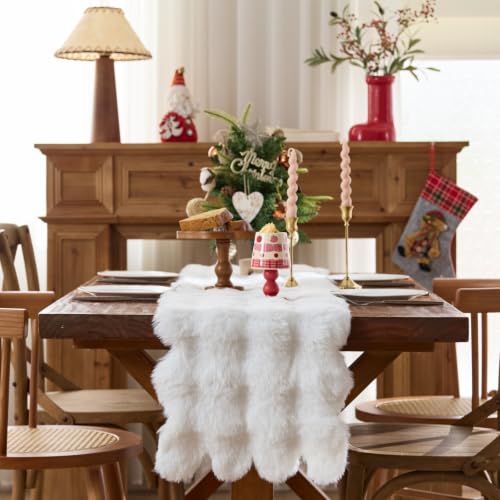 White Bubble Faux Fur Table Runner 13x36 Inch Scalloped Holiday Decor