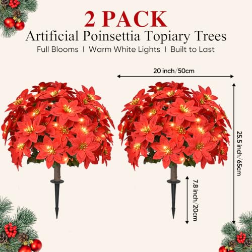 2PCS Christmas Poinsettia Ground Stake with LED Lights - Red Poinsettia With Lights