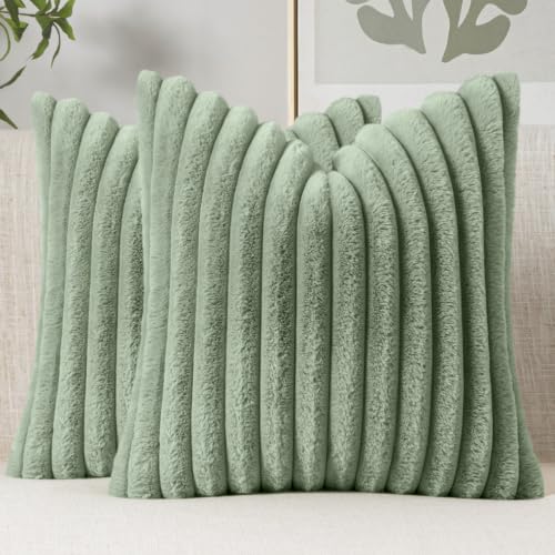 MIULEE Faux Fur Throw Pillow Covers 18x18 Sage Green, Set of 2
