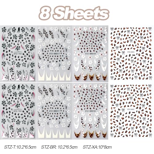 SUTOZMIWE 8 Sheets 3D Floral & Leopard Print Nail Art Stickers Decals