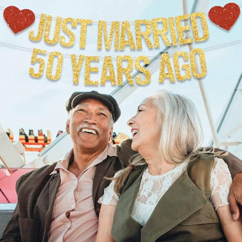 Gold Glitter Just Married 50 Years Ago Banner - Pre-Strung Anniversary Decoration