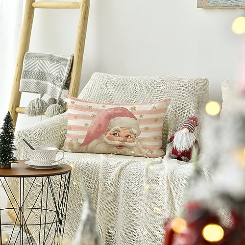 Pink Santa Claus Stripes Throw Pillow Cover 12x20 Inch - Christmas Cushion Case