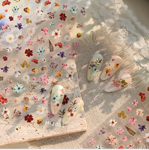 Qdsuh 5D Embossed Dried Flower Nail Stickers Floral Art Decals