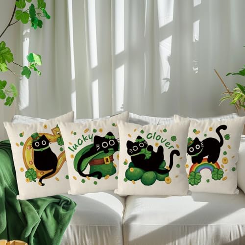 St. Patrick's Day Pillow Covers 18x18 Inch Set of 4 - Black Cat Decor