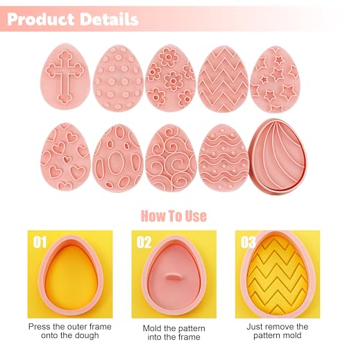 10-Piece Easter Egg Cookie Cutter Set - 3D Plastic Stamps for Baking