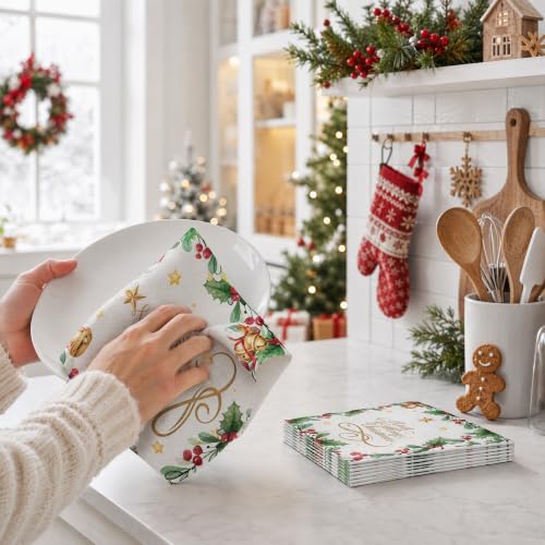 Merry Christmas 50 Pack Disposable Paper Napkins - Gold Bells & Holly Decor