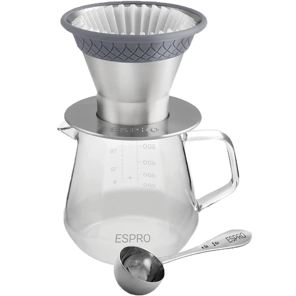 ESPRO - BLOOM Pour Over Coffee Brewing Kit - Durable Brushed Stainless Steel, Dual Filter with Patented Micro-Filter & 50 Paper Filters