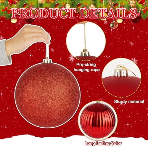 4 Pack 8-Inch Oversized Red Christmas Ball Ornaments - Large Plastic Holiday Tree Decor
