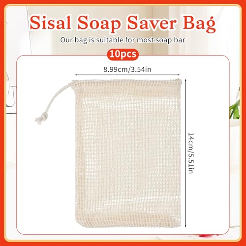 10 Pcs Exfoliating Sisal Soap Saver Bags with Drawstring, Natural Cotton Linen Mesh Pouches for Shower