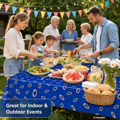 3-Pack Blue Gold Ring Print Disposable Tablecloths - 54x108 Inches