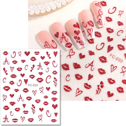 Valentine Glitter Nail Stickers Set - Red Pink Heart & Lips Decals 6 Sheets