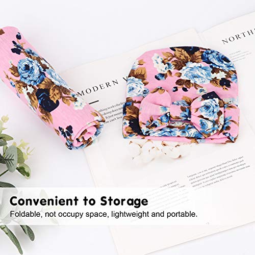DRESHOW Newborn Floral Swaddle Blanket and Bow Hat Set - Classic Pink