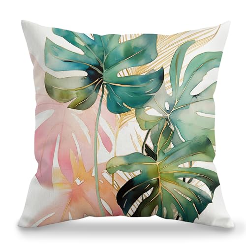 Tropical Monstera Leaf Throw Pillow Cover 18x18 - Boho Plant Design