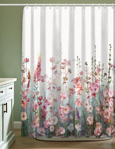 SUMGAR Pink Floral Shower Curtain, 72x72 Inch Fabric Bath Curtain Set